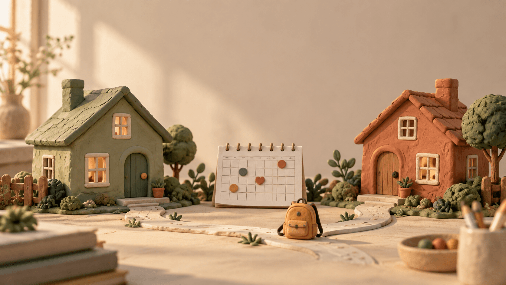 Two handmade clay homes, one sage and one terracotta, connected by a path and a shared calendar.